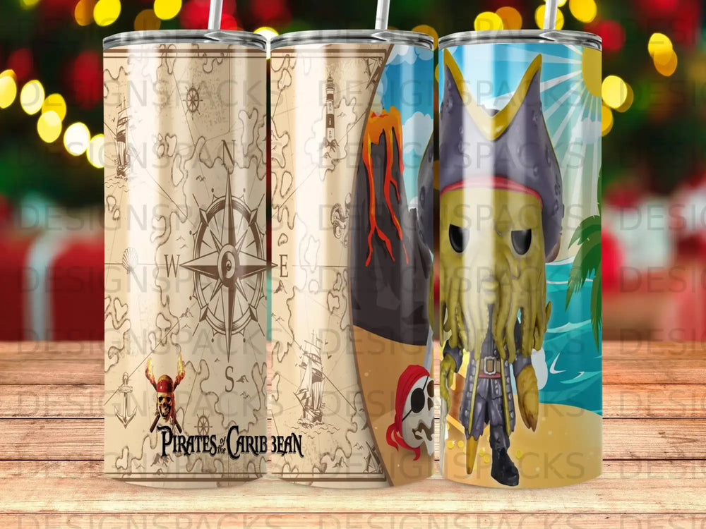 Pirates of the Caribbean tumbler with map, compass, and skeleton.