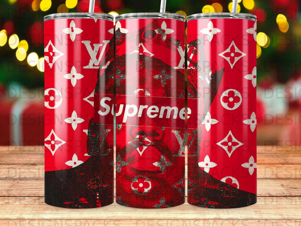 Red tumbler with Supreme logo and repeated LV pattern.