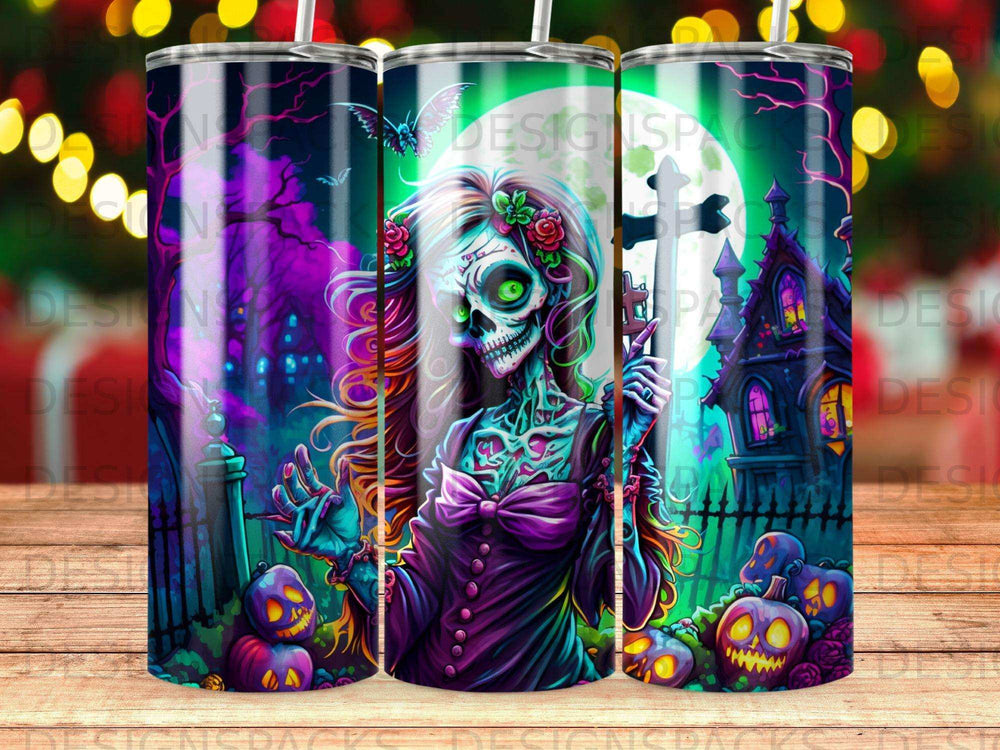 Skeleton woman with floral headdress, surrounded by pumpkins and haunted houses.