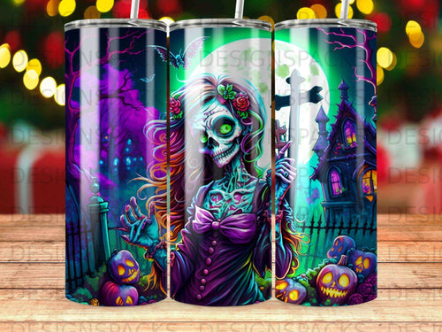 Skeleton woman with floral headdress, surrounded by pumpkins and haunted houses.