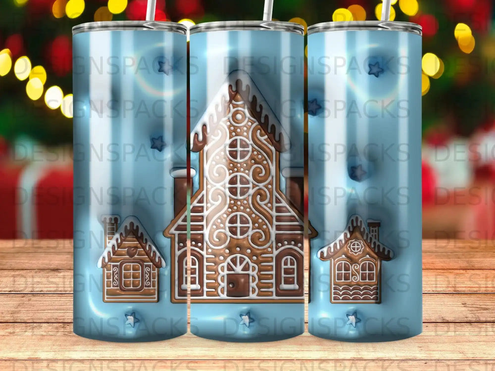 Gingerbread house design on a blue striped tumbler.