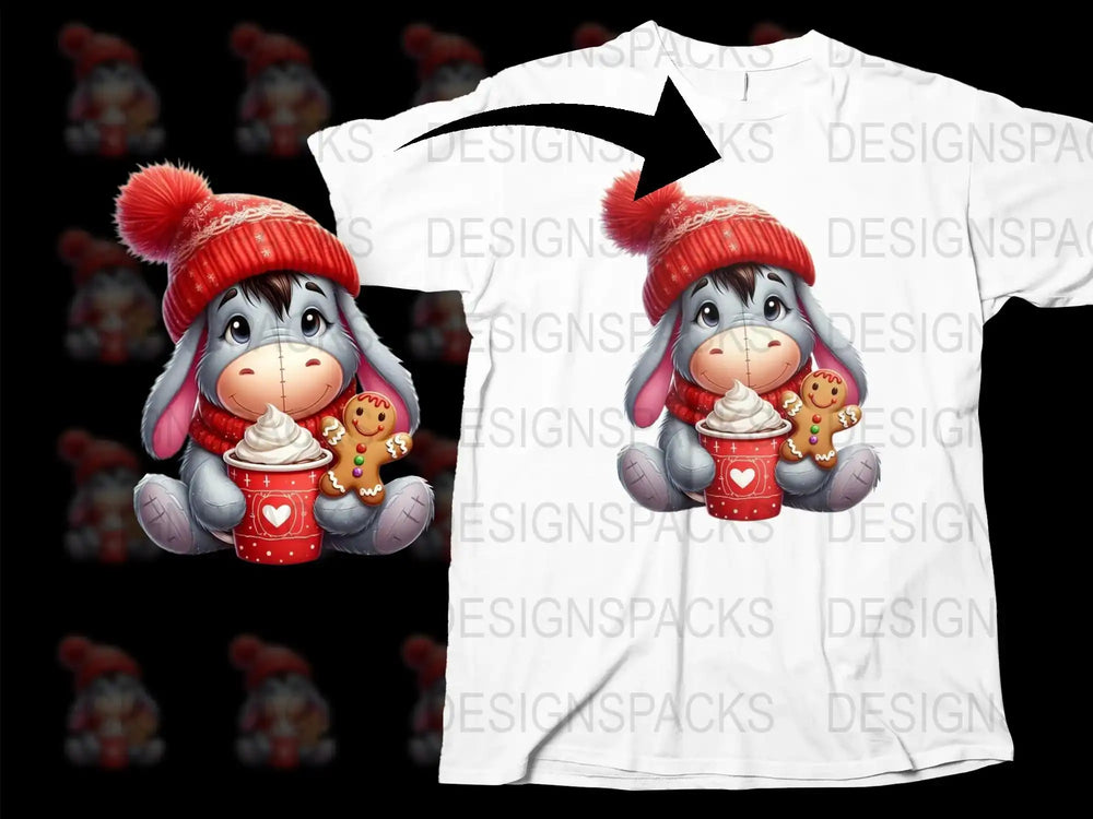 Cute Donkey Winter T-Shirt, Cartoon Animal with Coffee and Cookie, Kid's Cozy Graphic Tee, Unique Gift Idea