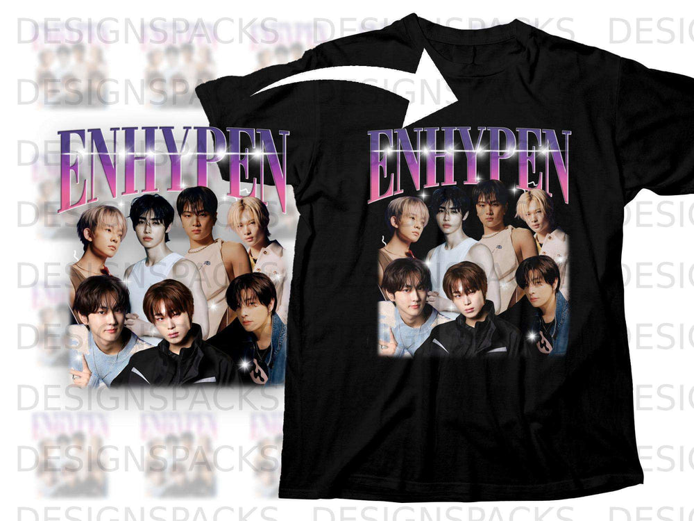 ENHYPEN group photo and logo on black t-shirt.