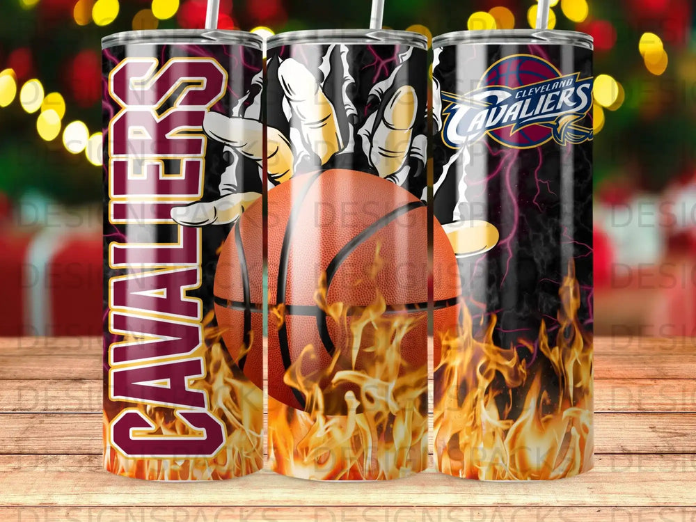 Cleveland Cavaliers tumbler with basketball and flames design.