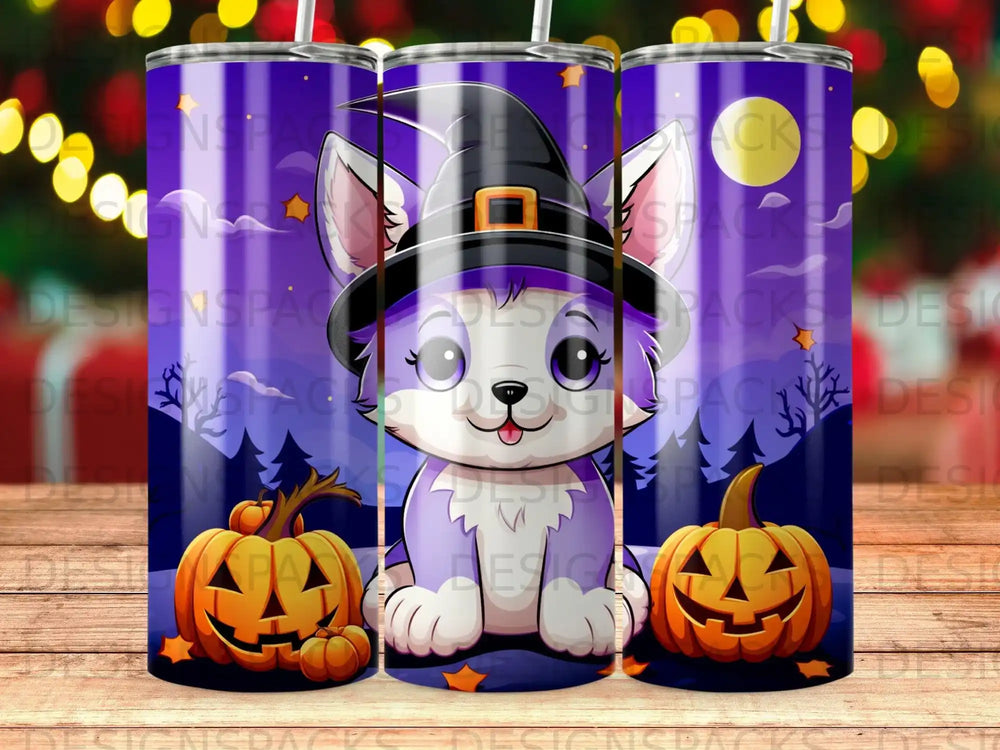 Purple cartoon wolf wearing a witch hat with jack-o'-lanterns.