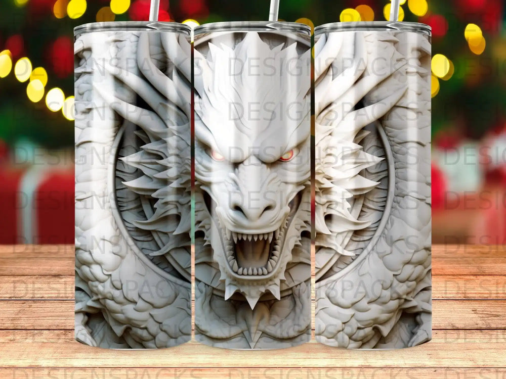 White dragon tumbler with red eyes, wood table background, bokeh lights.