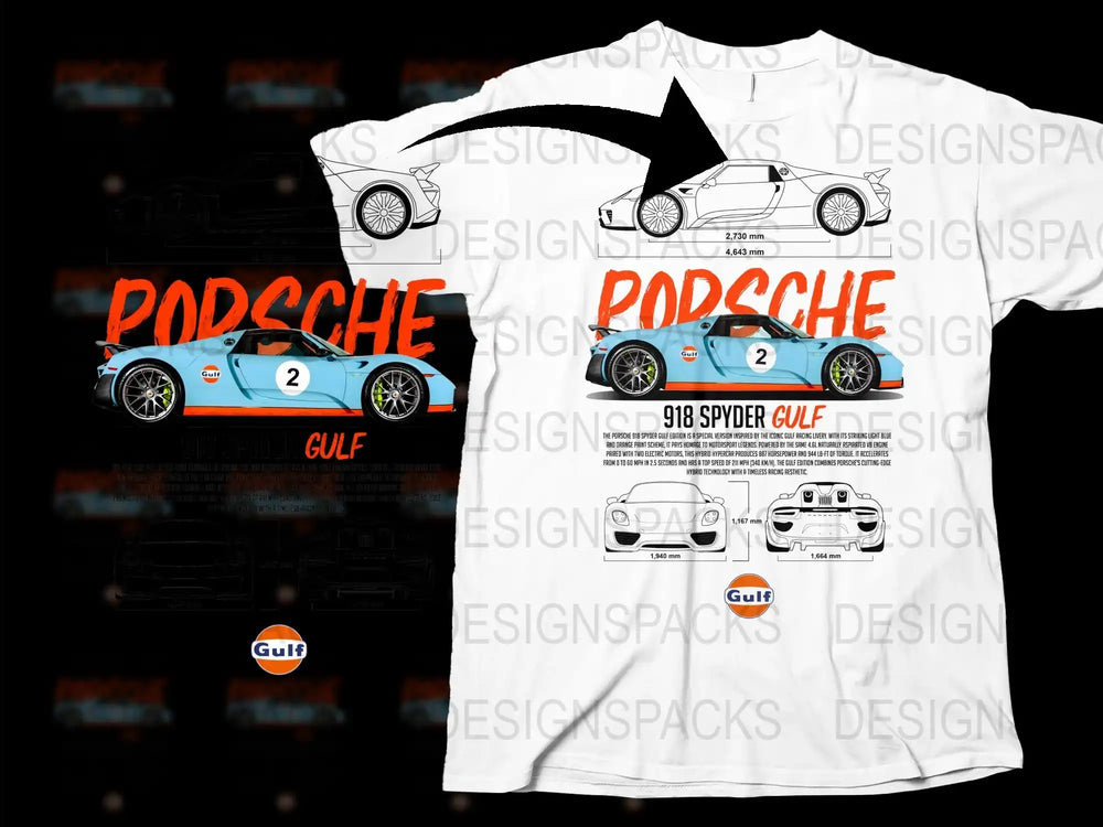 Porsche 918 Spyder Gulf Racing Graphic T-Shirt, Sports Car Lover Tee, Motorsport Enthusiast Gift, Men's Fashion