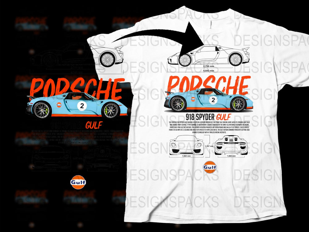 Porsche 918 Spyder Gulf Racing Graphic T-Shirt, Sports Car Lover Tee, Motorsport Enthusiast Gift, Men's Fashion