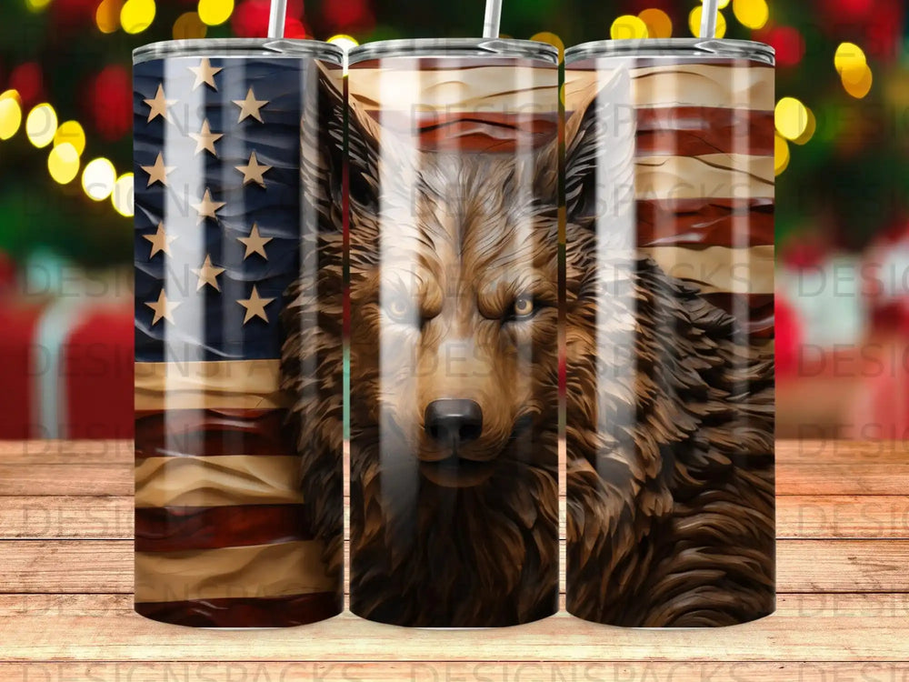 Wolf with American flag background on a tumbler.