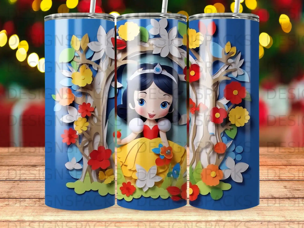 Snow White in a yellow dress surrounded by colorful paper flowers and trees.