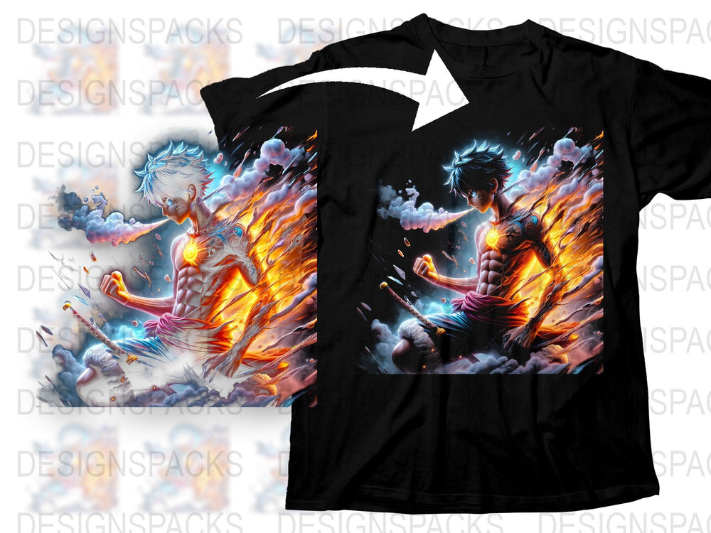 Men's Graphic T-Shirt, Anime Inspired Fiery Action Design, Vibrant Colors, Casual Streetwear, Unique Illustration, Collectible Art Shirt
