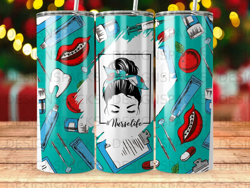 Turquoise tumbler with dental and medical icons and "Nurselife" text.