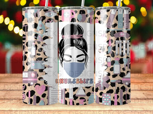 Nurse with mask, stethoscope, and leopard print tumbler design.