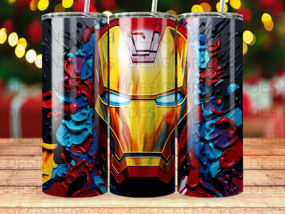 Iron Man helmet design on a tumbler with colorful abstract paint splatters.