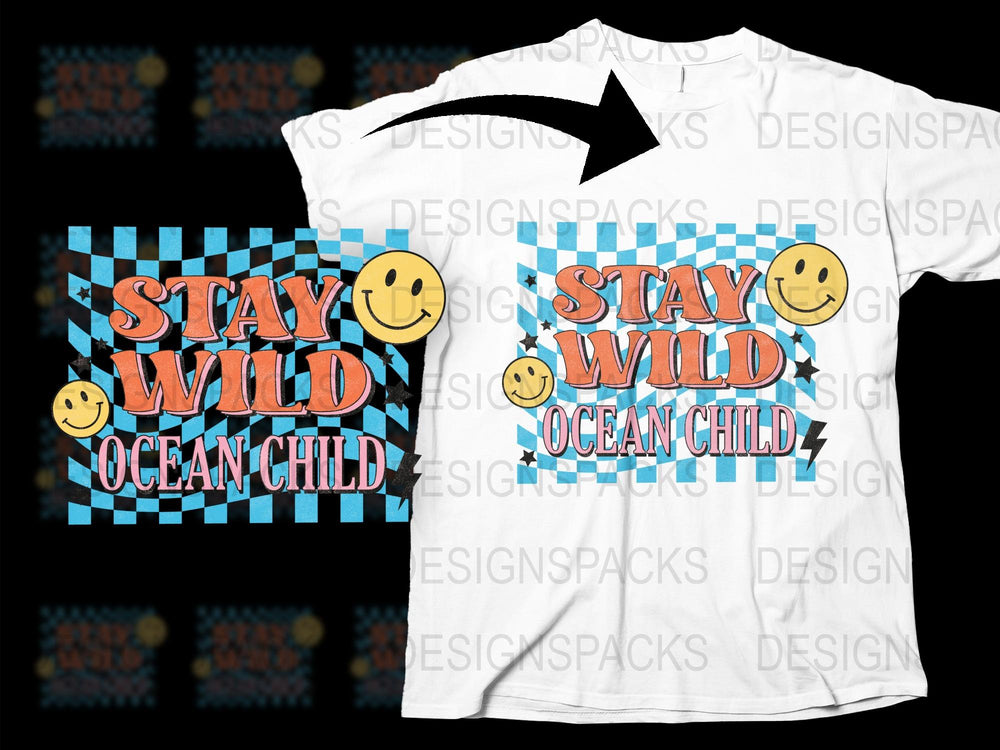 Stay Wild Ocean Child T-Shirt, Smiley Face Summer Tee, Beach Style Casual Wear, Graphic Printed Shirt for Men and Women