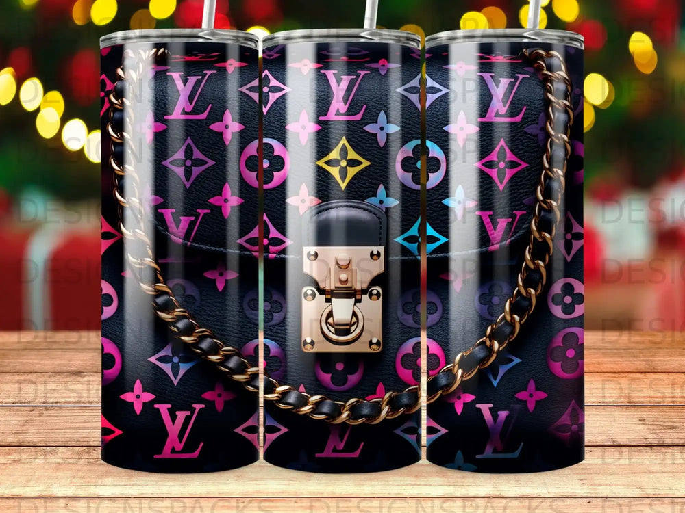 Black designer bag with gold hardware and repeating logo pattern.