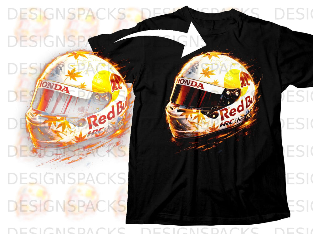 Red Bull racing helmet graphic with Honda and HRC logos on a black t-shirt.