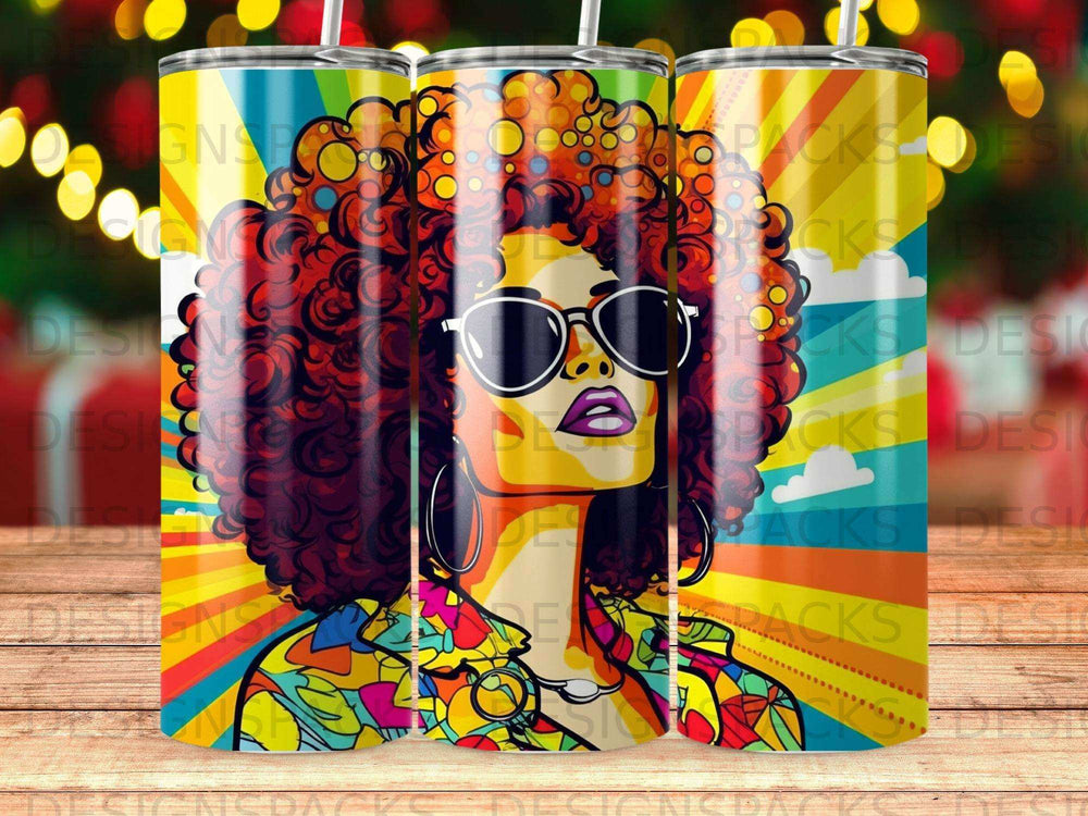 Woman with colorful afro, sunglasses, and vibrant patterned shirt.