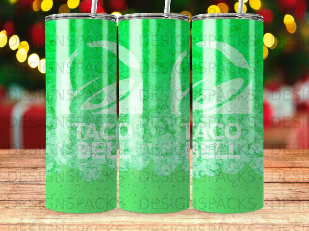 Green tumbler with Taco Bell logo and repeating "Designspacks" pattern.