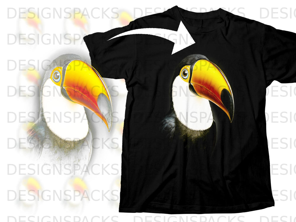 Black t-shirt with a detailed toucan bird graphic on the front.