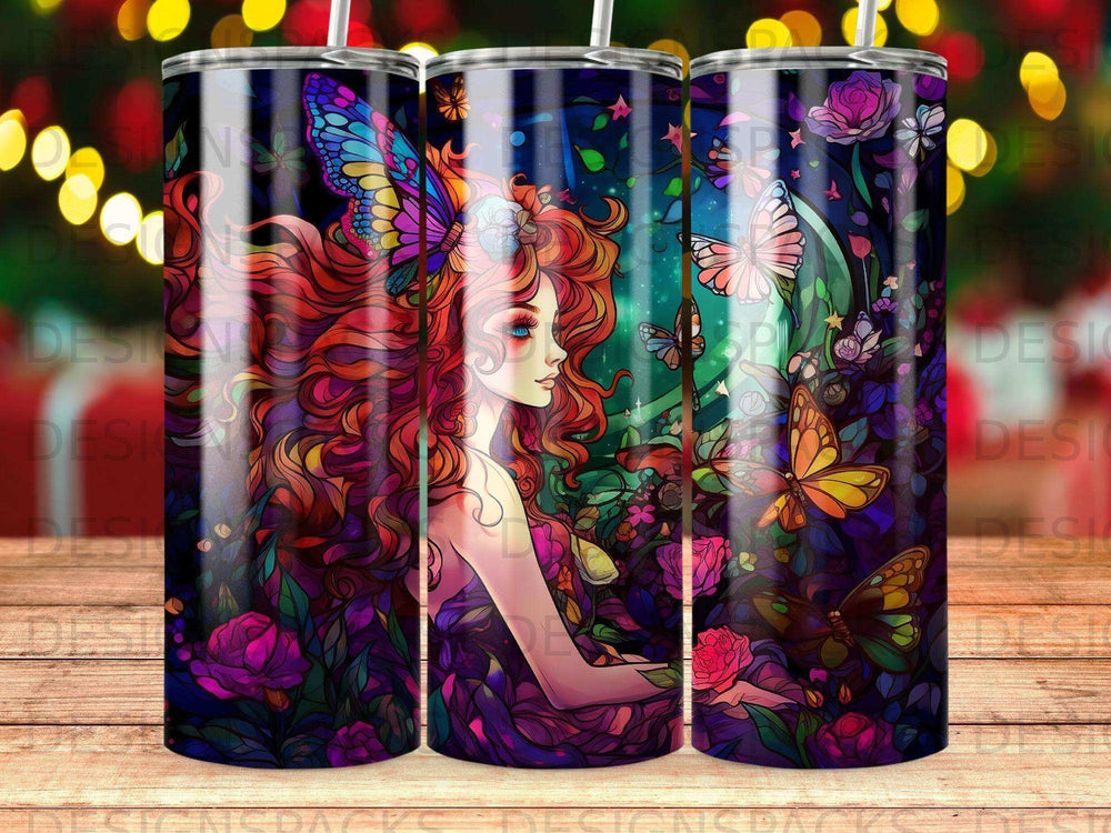 Fantasy woman with red hair and butterfly wings surrounded by flowers and butterflies.