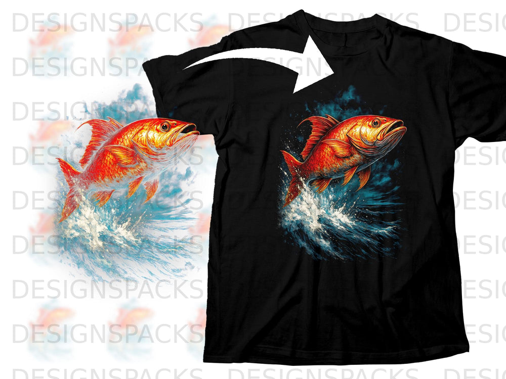 Black t-shirt with an orange fish leaping through blue water.