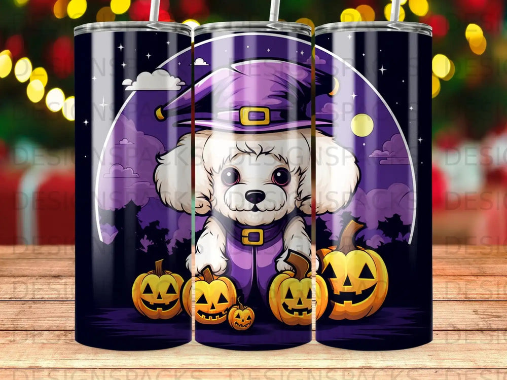 White dog in witch hat with pumpkins and starry purple sky.