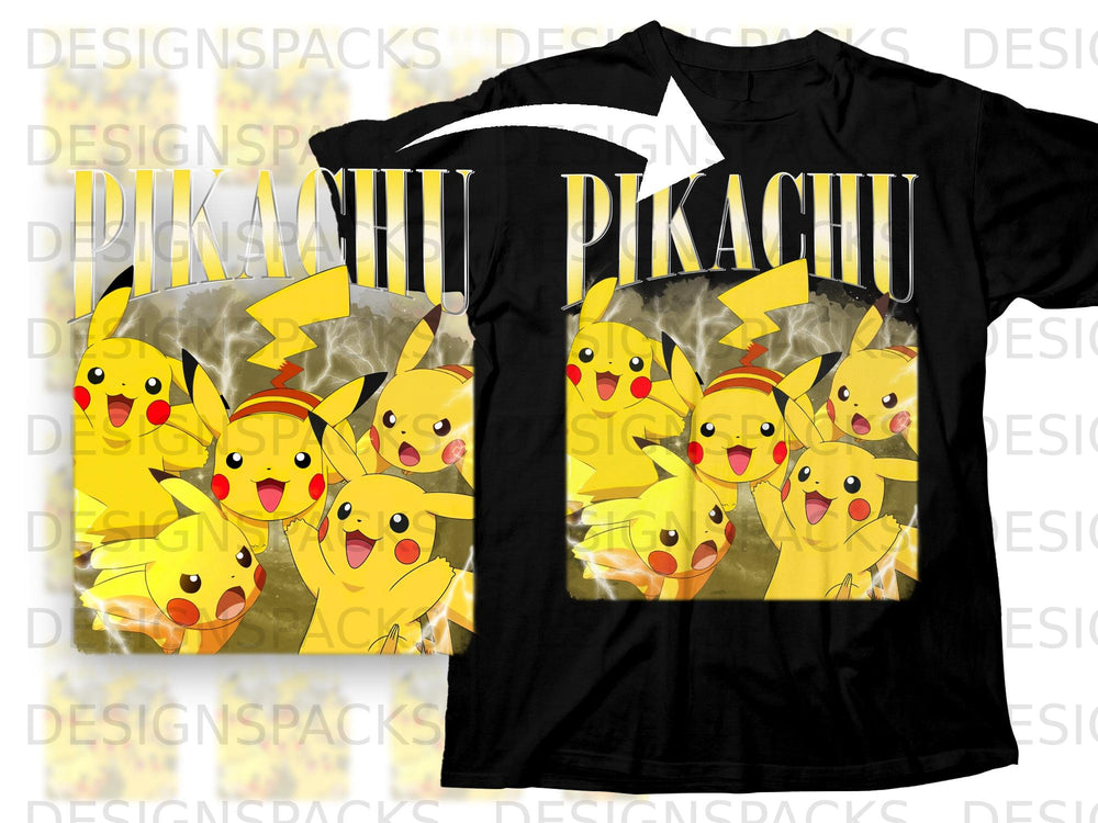 Black t-shirt with a graphic featuring multiple Pikachus and the word "Pikachu".