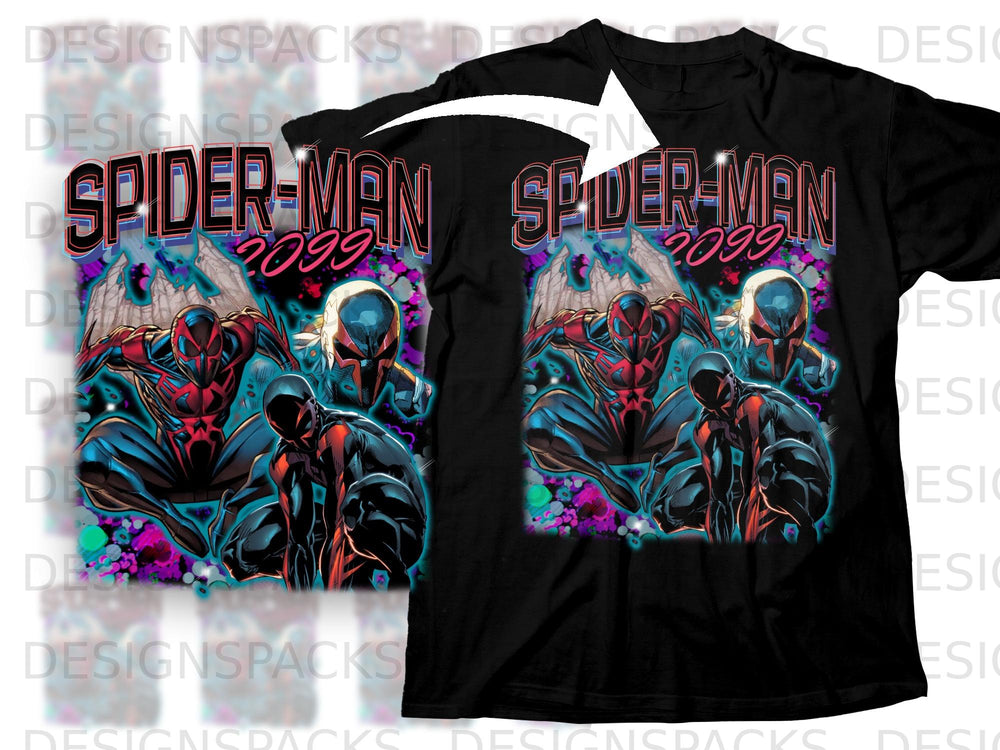 Black t-shirt featuring Spider-Man 2099 artwork with multiple figures and cosmic background.