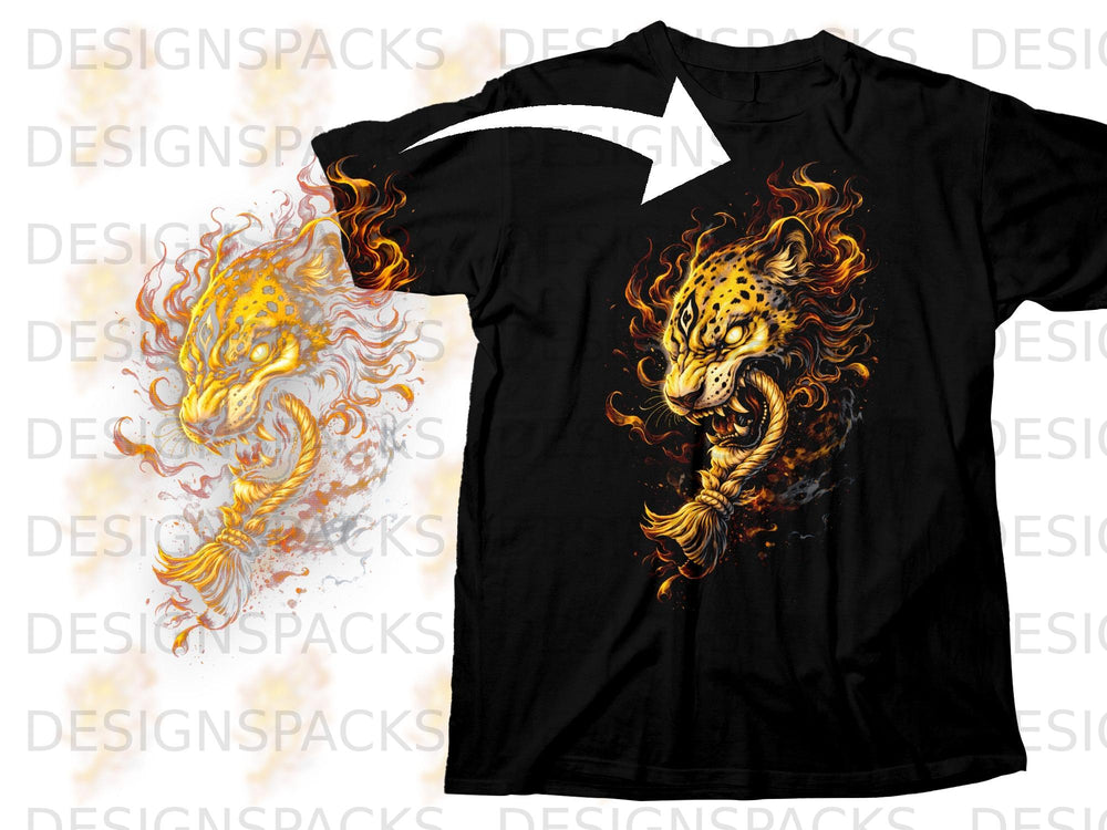 Black t-shirt with a fiery leopard head graphic and a white arrow.