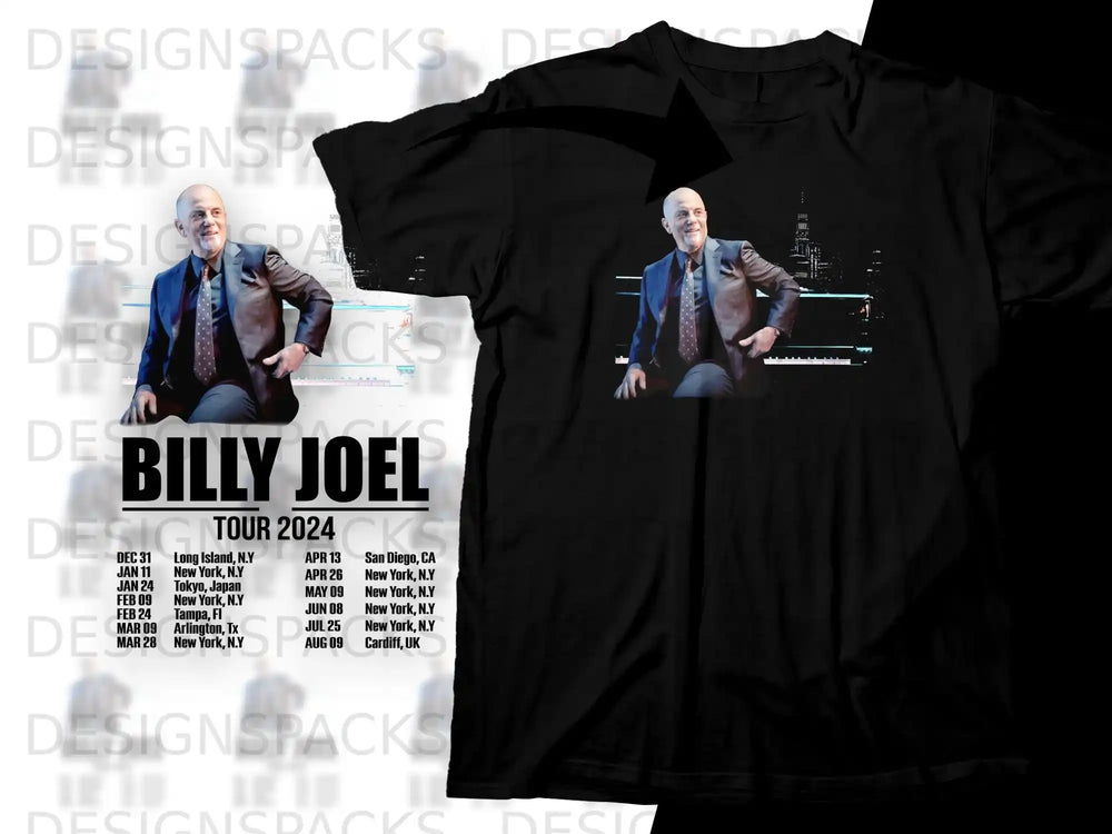 Billy Joel "Tour 2024" black t-shirt with dates and locations.