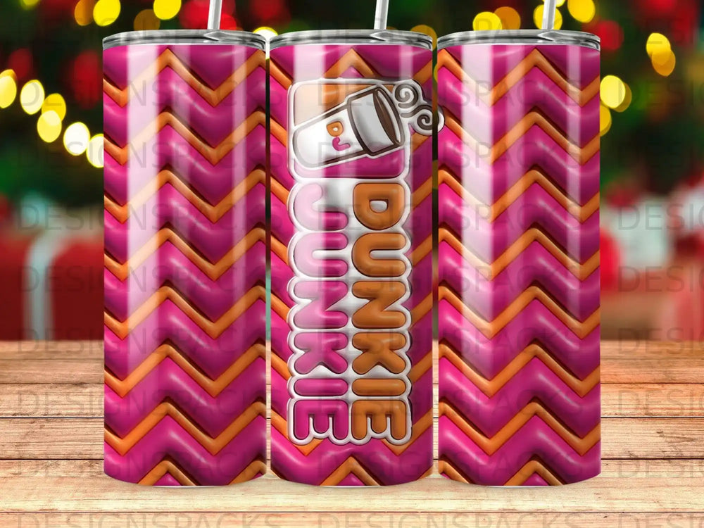 Dunkin' Donuts tumbler with pink and orange chevron pattern.