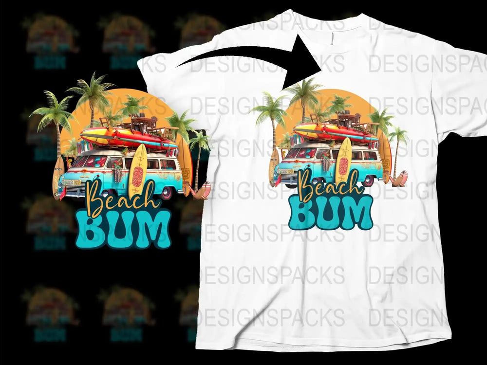 Beach Bum T-Shirt, Vintage Van and Surfboard Graphic Tee, Tropical Summer Vibes Unisex Top