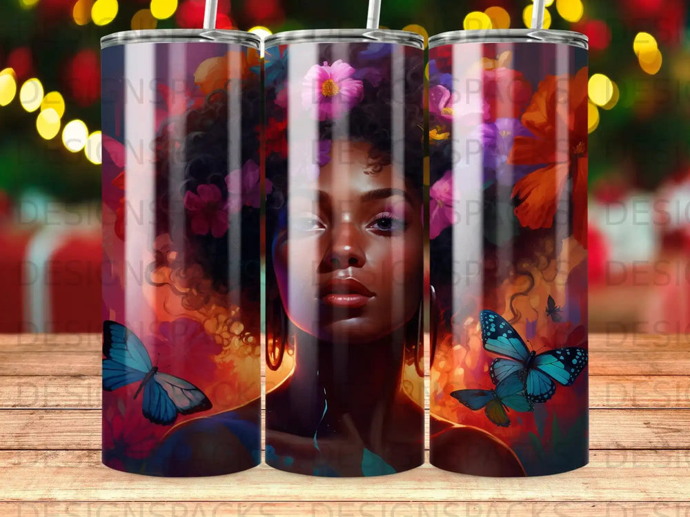 Woman with butterflies and flowers on a vibrant tumbler.