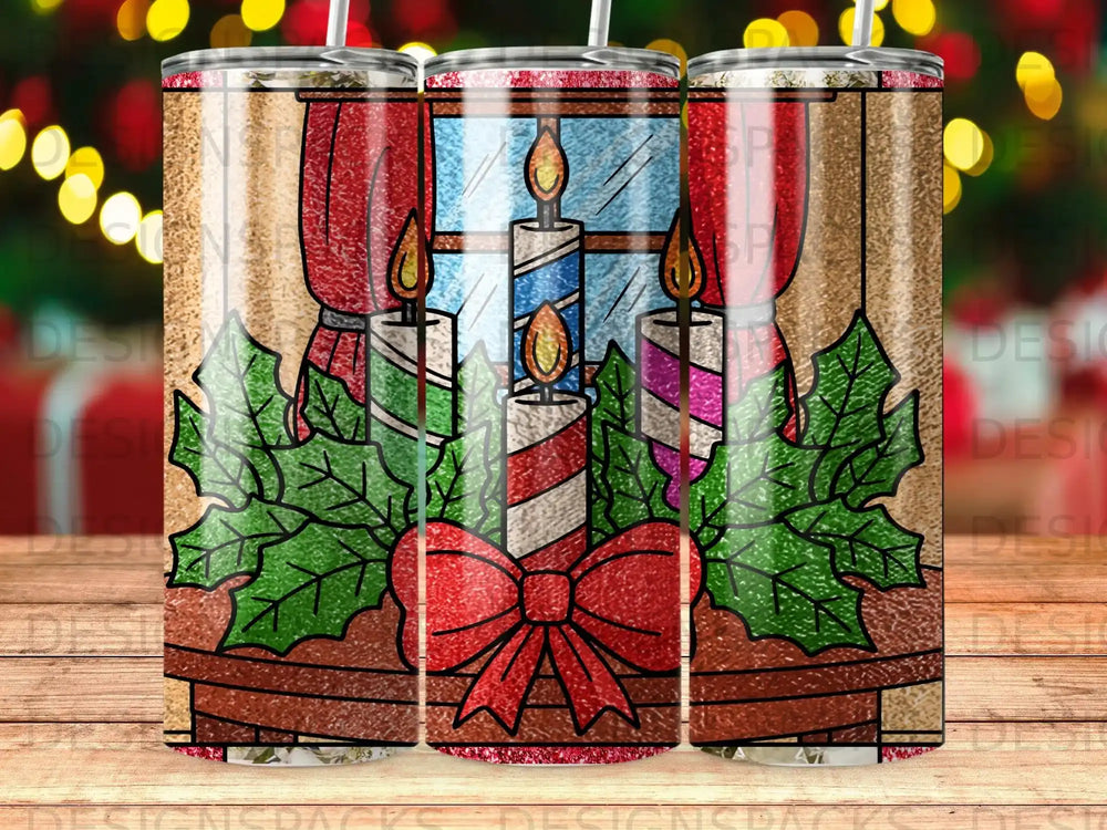 Stained glass design of candles, holly, and red bow on a tumbler.