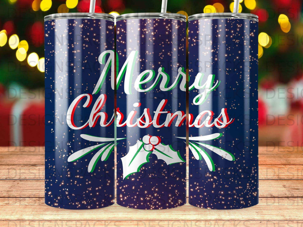 Dark blue tumbler with Merry Christmas text and holly leaves.