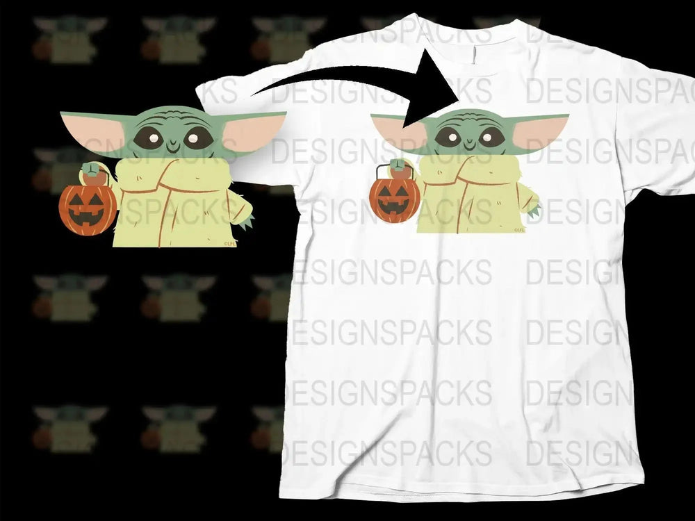 Adorable Baby Yoda With Halloween Pumpkin Png Digital Download