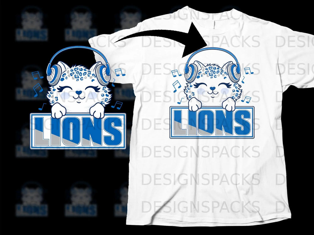 White t-shirt featuring a cartoon snow leopard with headphones and "LIONS" text.