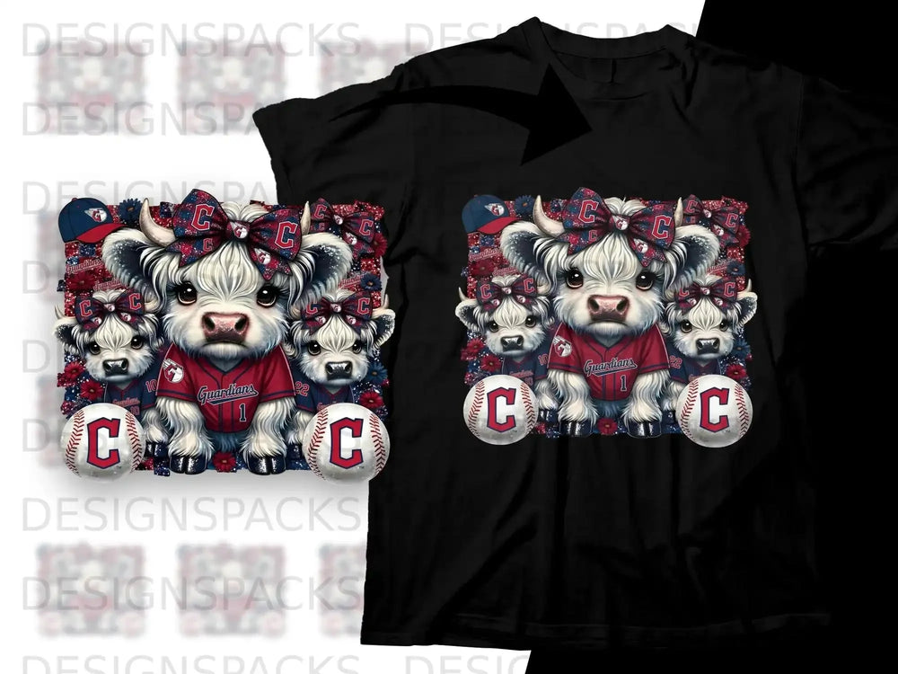Black t-shirt with repeating pattern of cartoon cows wearing Guardians jerseys and baseballs.