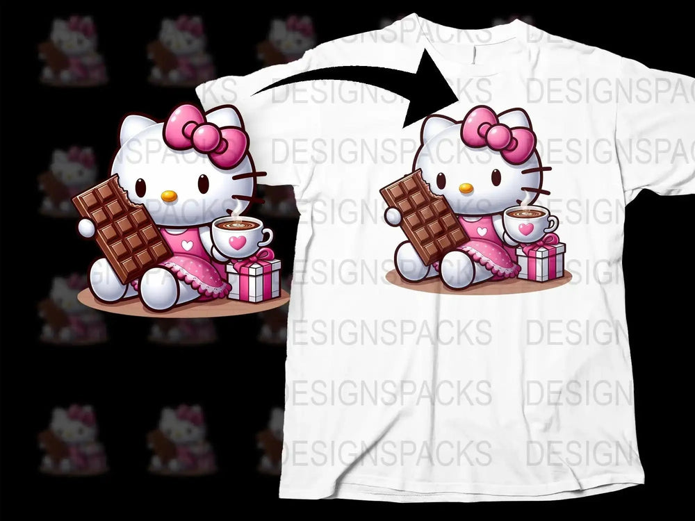 Adorable Hello Kitty with Chocolate and Coffee Png Digital Download