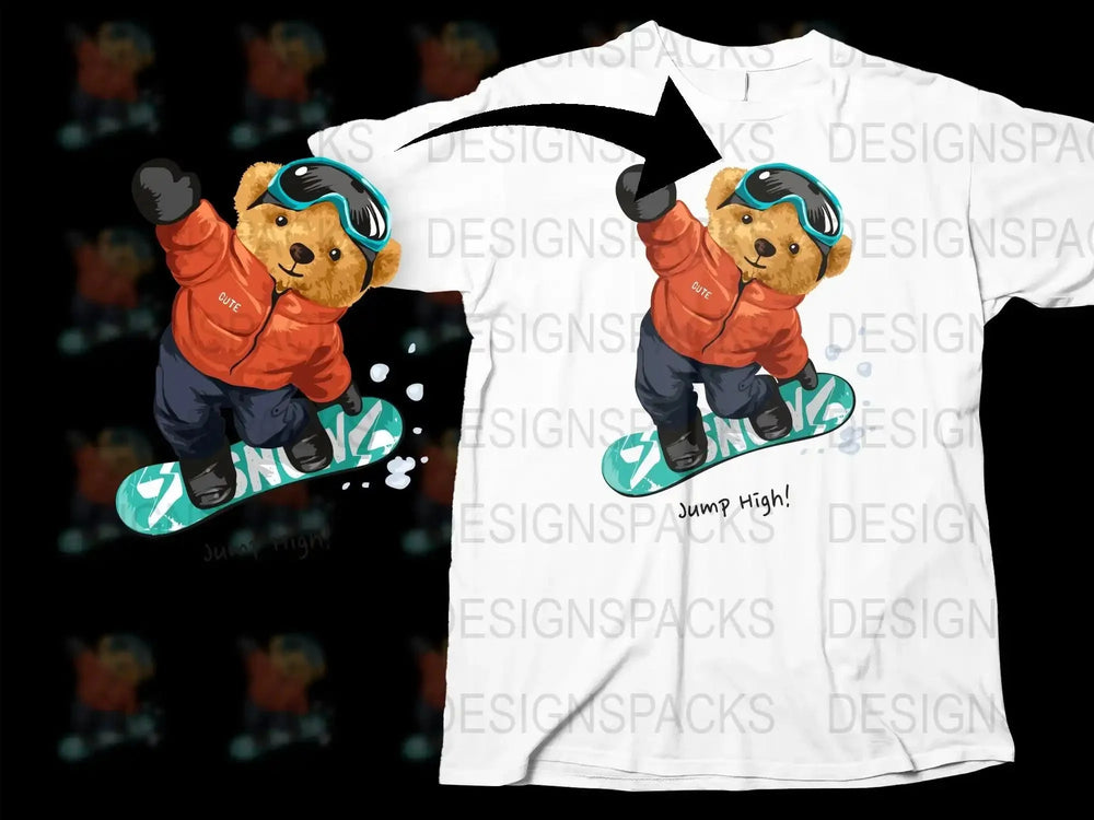 Adorable Snowboarding Teddy Bear Jump High Png Digital Download