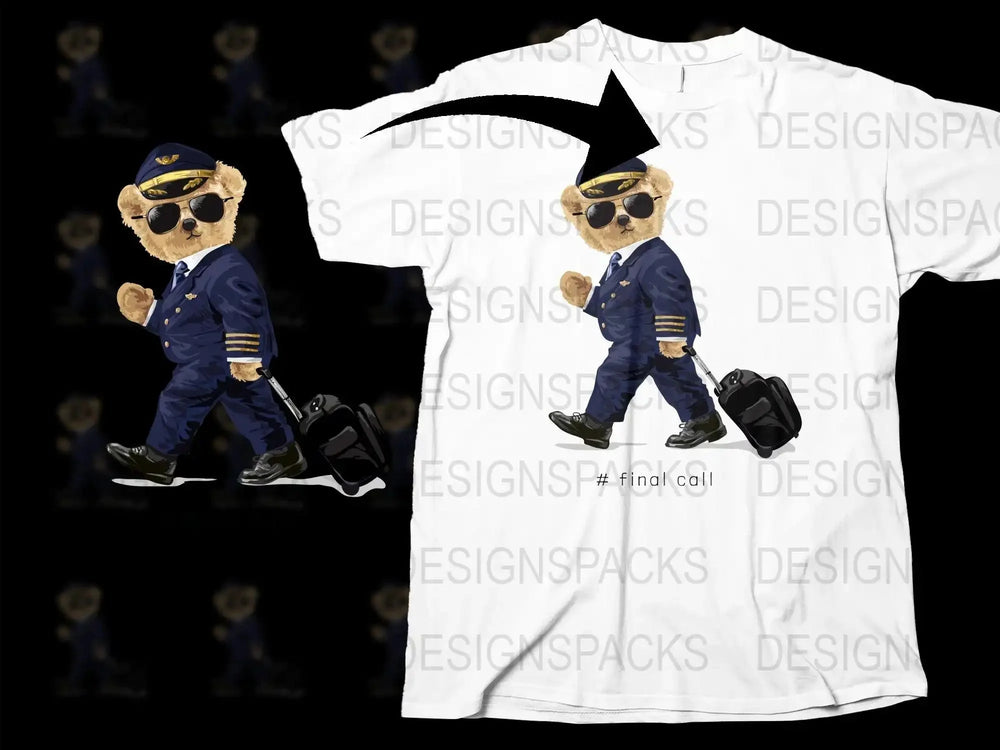 Adorable Teddy Bear Pilot with Suitcase Final Call Png Digital Download