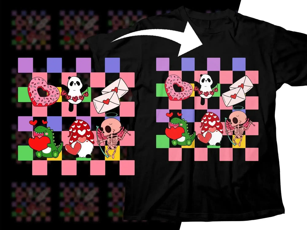 Cute Valentine's design with panda, dinosaur, skeleton, and donut on black t-shirt, colorful checkered background