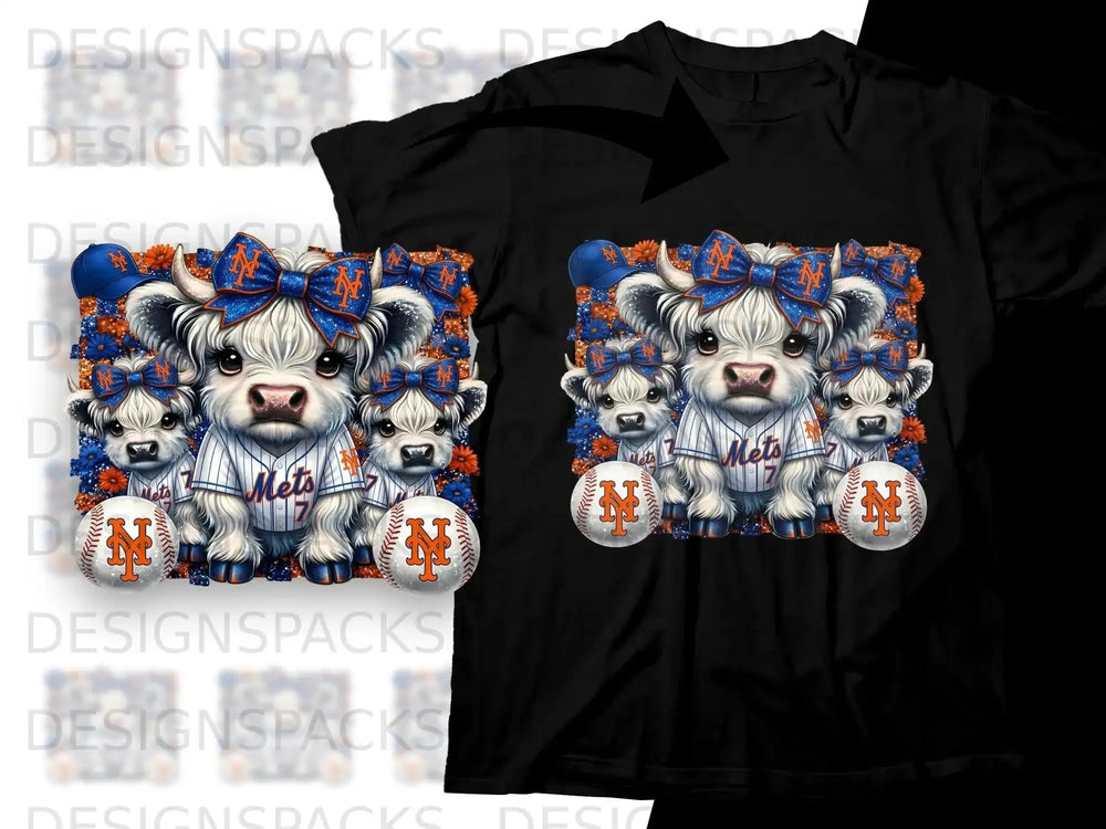 New York Mets cows with baseballs and bows on black t-shirt.