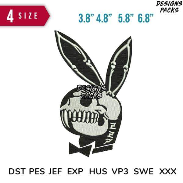 Skull bunny embroidery design in 4 sizes, PES DST JEF formats, print-ready for DTG/DTF