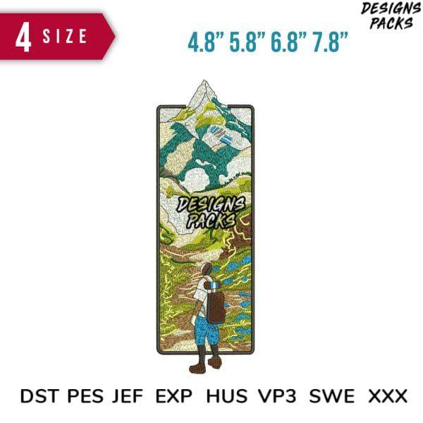 Embroidery design of hiker viewing mountain landscape, available in 4 sizes & formats like PES, DST for instant download