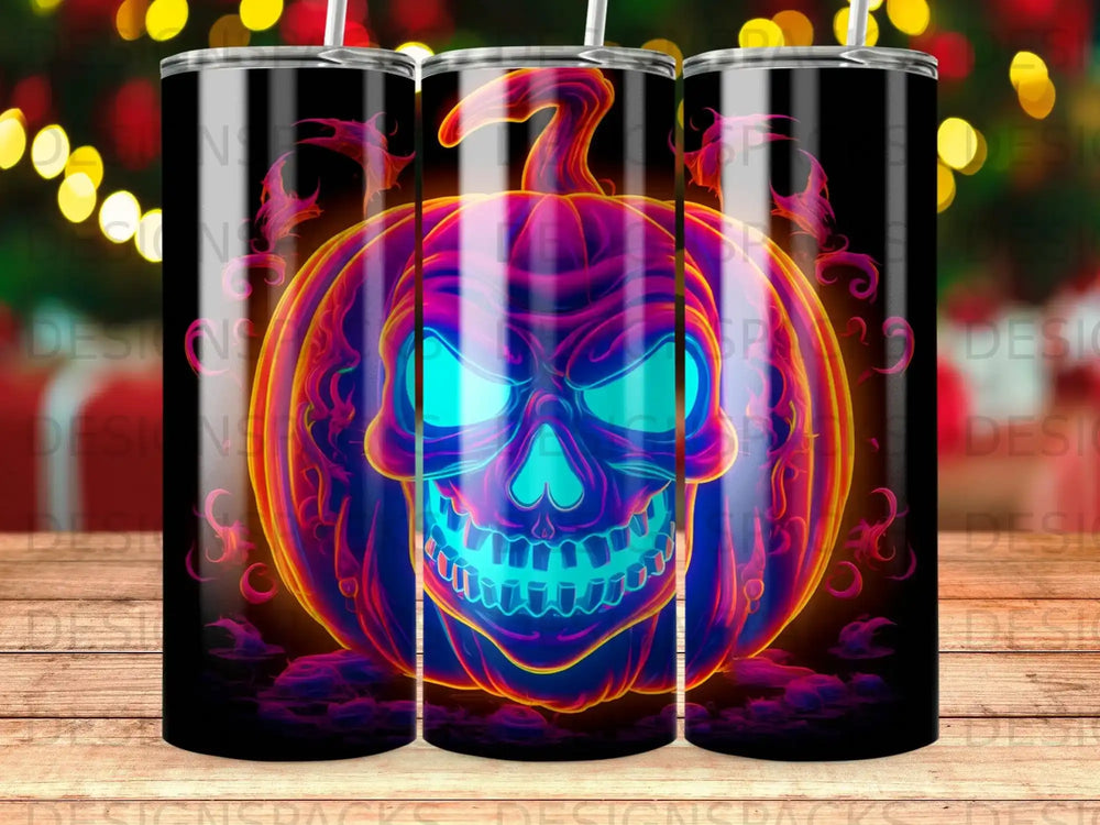 Jack-o'-lantern skull with glowing blue eyes and neon purple flames.