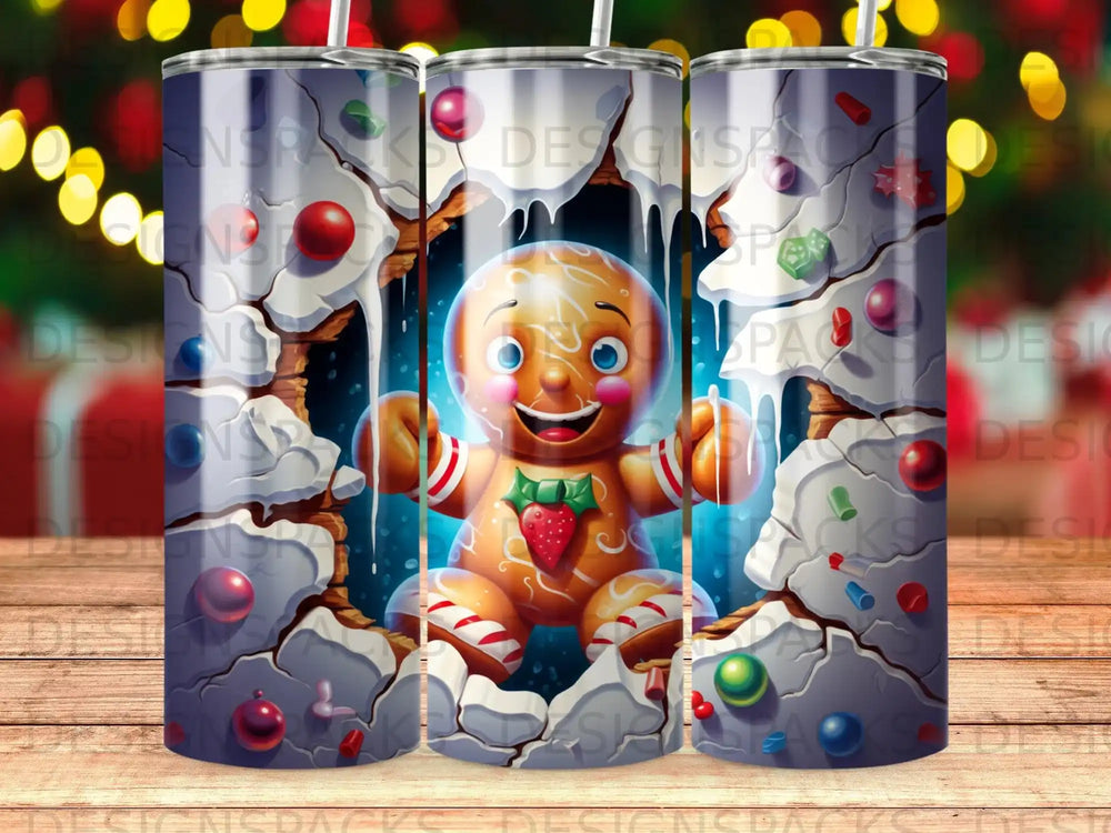 Smiling gingerbread man bursting through cracked ice, surrounded by candy.