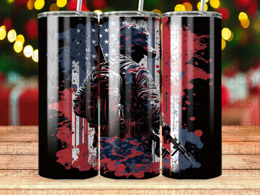 Soldier silhouette against distressed American flag, patriotic tumbler design.