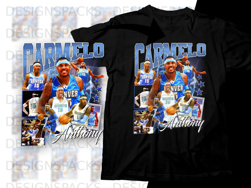 Carmelo Anthony Denver Nuggets basketball player collage with text.